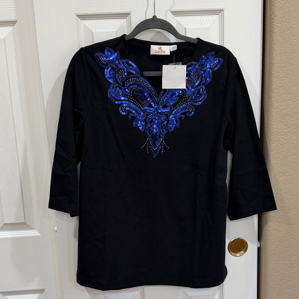 Quaker Factory Black Top with Blue Embellishments size medium